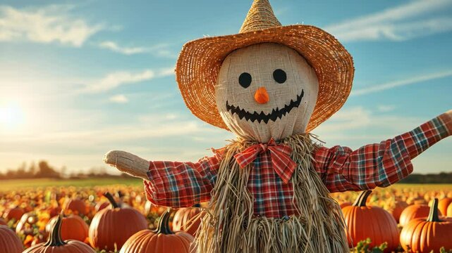 Cheerful scarecrow amidst pumpkins on a sunny autumn day.