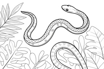Obraz premium Tropical animal theme, A snake slithers among tropical leaves in this intricate line drawing. Outline for coloring