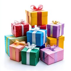 Obraz premium Colorful gift boxes stacked together, showcasing various sizes and designs for festive occasions like birthdays or holidays