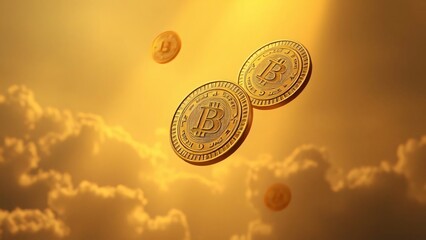 goldene Münzen mit Symbol für Krypto Währung fallen in gold gelben Licht strahlend vom Himmel wie Geld Regen Geldsegen Hintergrund für Reichtum Fülle Wohlstand Vorlage Kapitalanlage Kryptomarkt