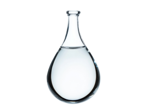 Clear glass flask filled with water on a white background
