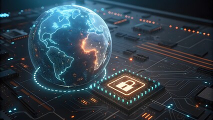 Fototapeta premium Futuristic Cybersecurity Glowing Earth & Digital Lock Visualization V7