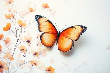 Close up of an orange butterfly with open wings on a light floral background artistic composition
