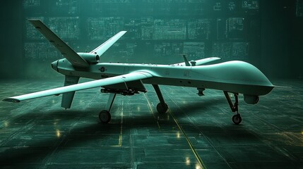Unmanned aerial vehicle, military drone,  on a dark hangar floor.  Advanced technology and surveillance systems