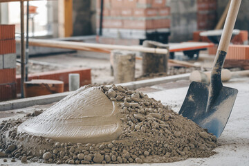 Cement and sand mix prepared for construction in a building site during daylight hours
