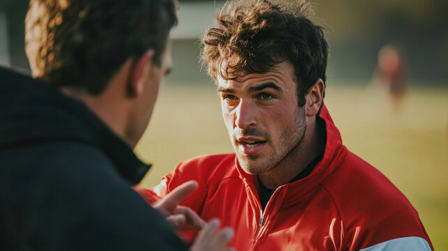 A coach offers support and encouragement to a player following a tough match. The focus is on their conversation, highlighting determination and resilience in a competitive atmosphere.