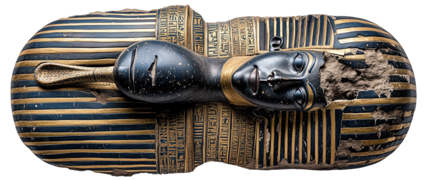 Ancient Egyptian sarcophagus with a damaged section