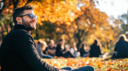 Happy team member relaxing outdoors during autumn team building retreat