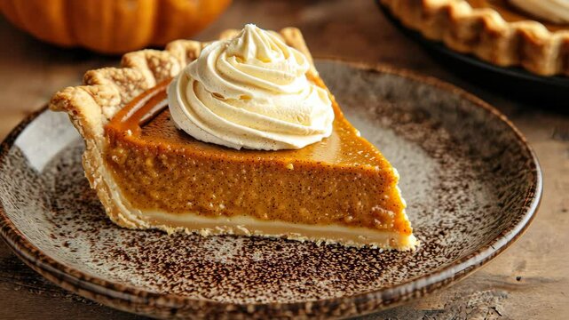 Delicious pumpkin pie slice with whipped cream topping.