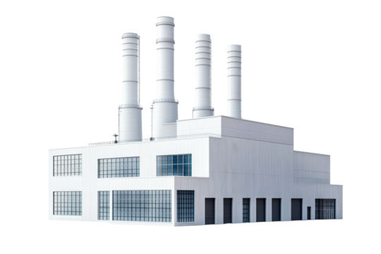 Industrial power plant with four smokestacks under clear sky