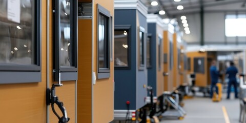 Fototapeta premium Charming row of modern prefabricated tiny homes showcasing innovative design and sustainable living.