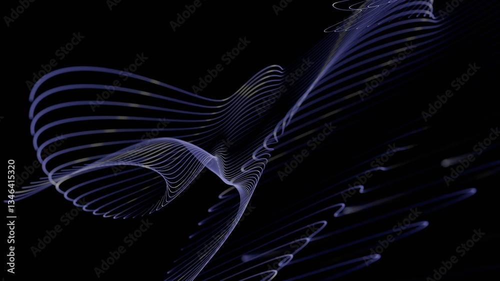 Leinwandbilder Curved glowing lines forming a fluid wave pattern on a black background, creating a minimal and futuristic abstract design........