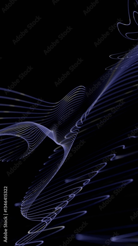 Aufkleber Curved glowing lines forming a fluid wave pattern on a black background, creating a minimal and futuristic abstract design........
