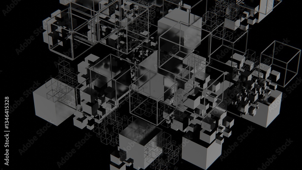 Aufkleber complex arrangement of black, wireframe, and colored cubes forming a floating 3d structure on a blac