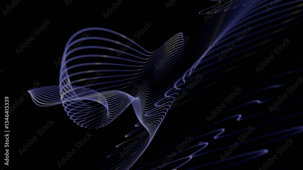 Poster Curved glowing lines forming a fluid wave pattern on a black background, creating a minimal and futuristic abstract design........