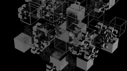 Complex arrangement of black, wireframe, and colored cubes forming a floating 3D structure on a black background, creating a futuristic, minimal, and conceptual design........