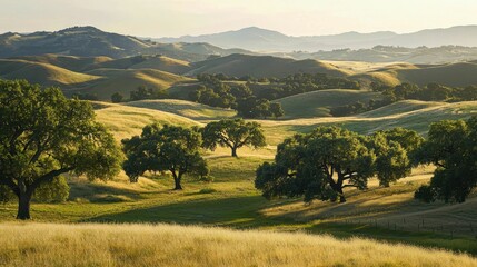 Obraz premium Scenic Green Hills with Trees Under Warm Golden Light at Dawn