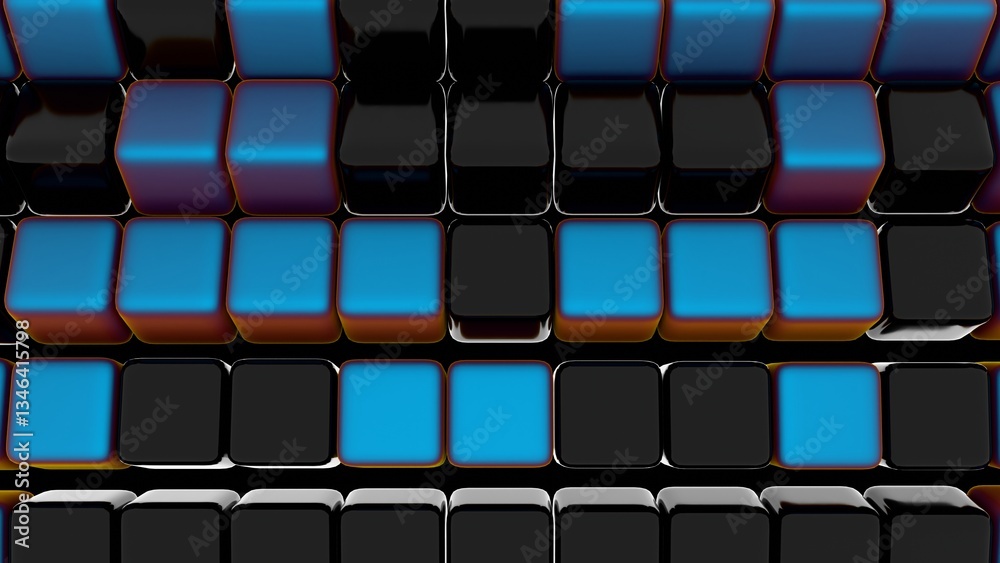 Poster Rows of glossy black and blue cubes arranged in a symmetrical grid, creating a modern, futuristic pattern with reflective surfaces and minimal design........