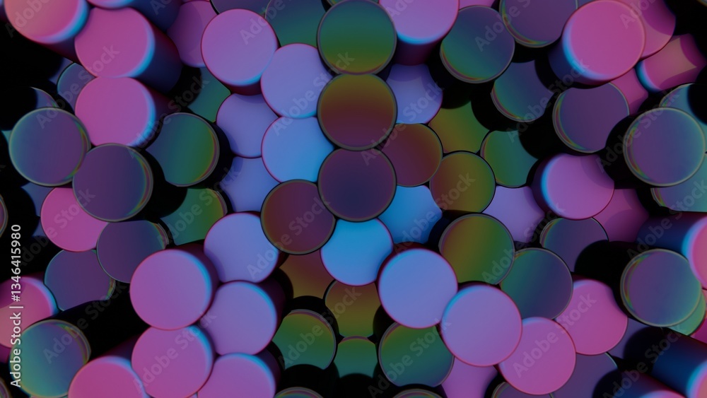 Poster Vibrant pink and blue discs arranged in a dynamic 3D pattern, forming a modern geometric composition with layered color transitions and a playful aesthetic........