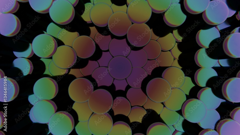 Aufkleber Vibrant pink and blue discs arranged in a dynamic 3D pattern, forming a modern geometric composition with layered color transitions and a playful aesthetic........