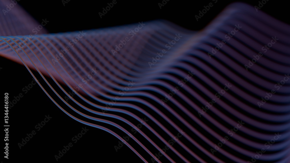 Poster Glowing wave lines in subtle pink and blue gradients on a black background, forming a smooth and modern abstract design with fluid motion and minimalistic geometry........