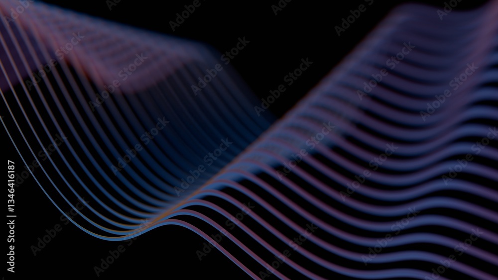 Aufkleber Glowing wave lines in subtle pink and blue gradients on a black background, forming a smooth and modern abstract design with fluid motion and minimalistic geometry........