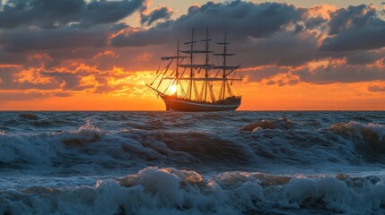 Sunset Sailboat Ocean Waves Dramatic