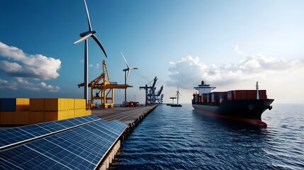 Sustainable Eco-Friendly 3D-Rendered Industrial Shipping Port Powered by Renewable Solar and Wind
