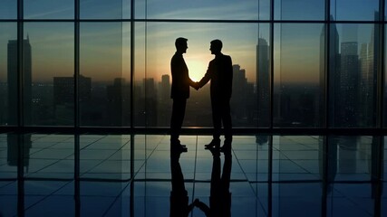 silhouette of two people making a deal. successful business agreement contract dealing businessman. financial consultant and client shaking hands. Generative AI - Powered by Adobe