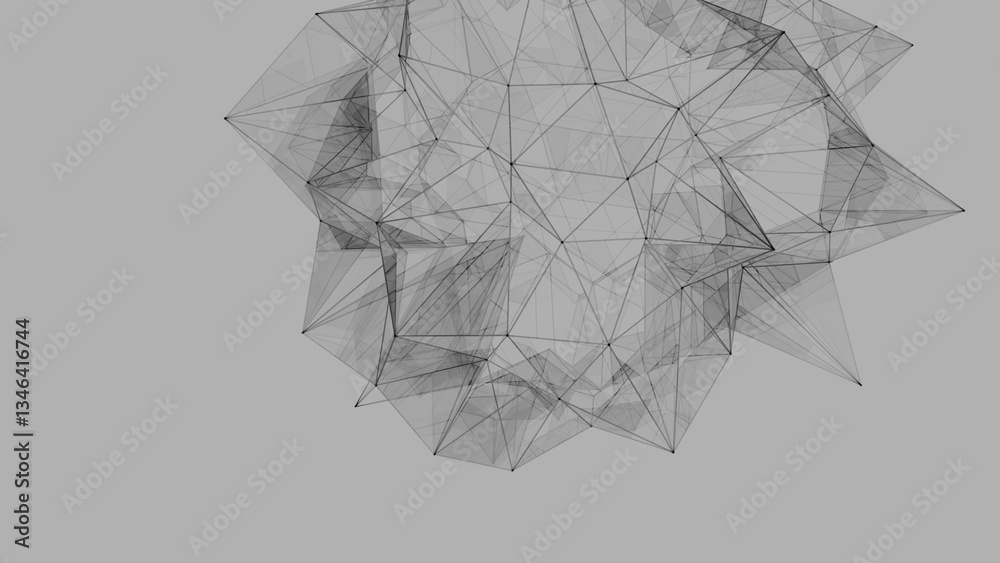 Poster Grayscale wireframe polygon structure with spiky, abstract geometry on a neutral background, forming a minimal and futuristic design with conceptual aesthetics........