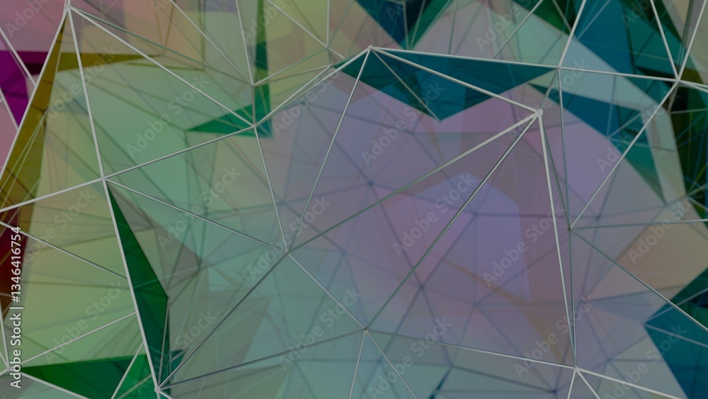 Poster A colorful polygon mesh with pastel tones and wireframe lines, forming a delicate, overlapping geometric composition that creates a modern, futuristic design........