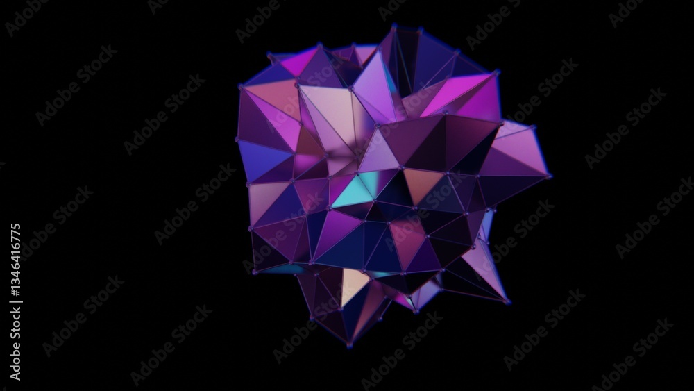 Poster Multi-faceted polyhedron with purple and teal triangles on a black background, reflecting a glossy, futuristic style with geometric angles and a color shift........