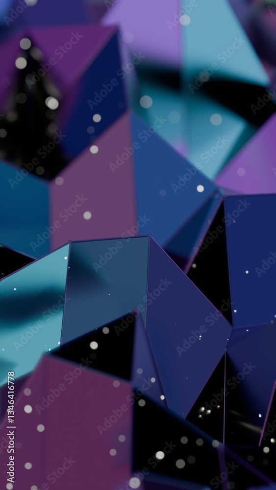 Poster vibrant polygonal shapes in purple and teal with scattered white particles, creating a modern 3d abs