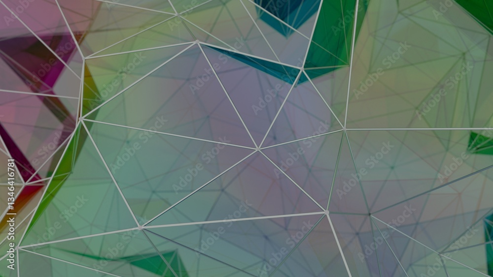 Poster a colorful polygon mesh with pastel tones and wireframe lines, forming a delicate, overlapping geome