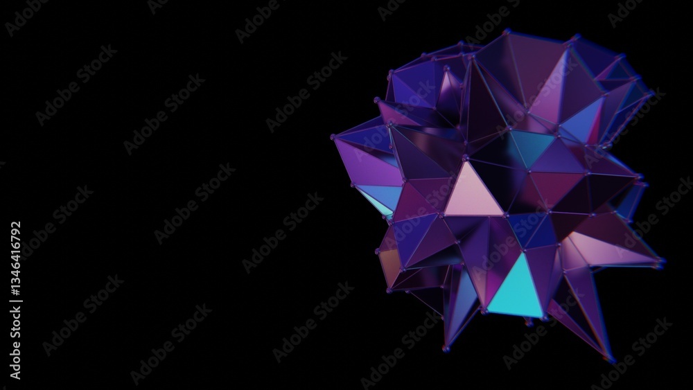 Poster multi-faceted polyhedron with purple and teal triangles on a black background, reflecting a glossy, 