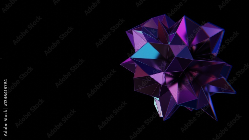 Poster Multi-faceted polyhedron with purple and teal triangles on a black background, reflecting a glossy, futuristic style with geometric angles and a color shift........