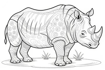 Safari animal theme, Intricate line art illustration of a rhinoceros with decorative patterns. Outline for coloring