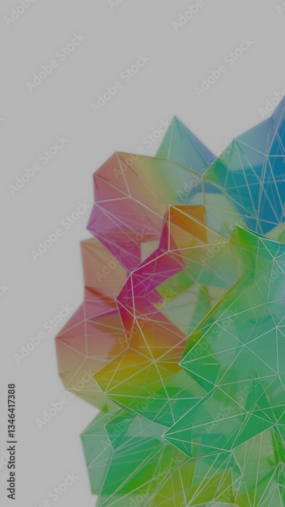 Poster a colorful polygon mesh with pastel tones and wireframe lines, forming a delicate, overlapping geome