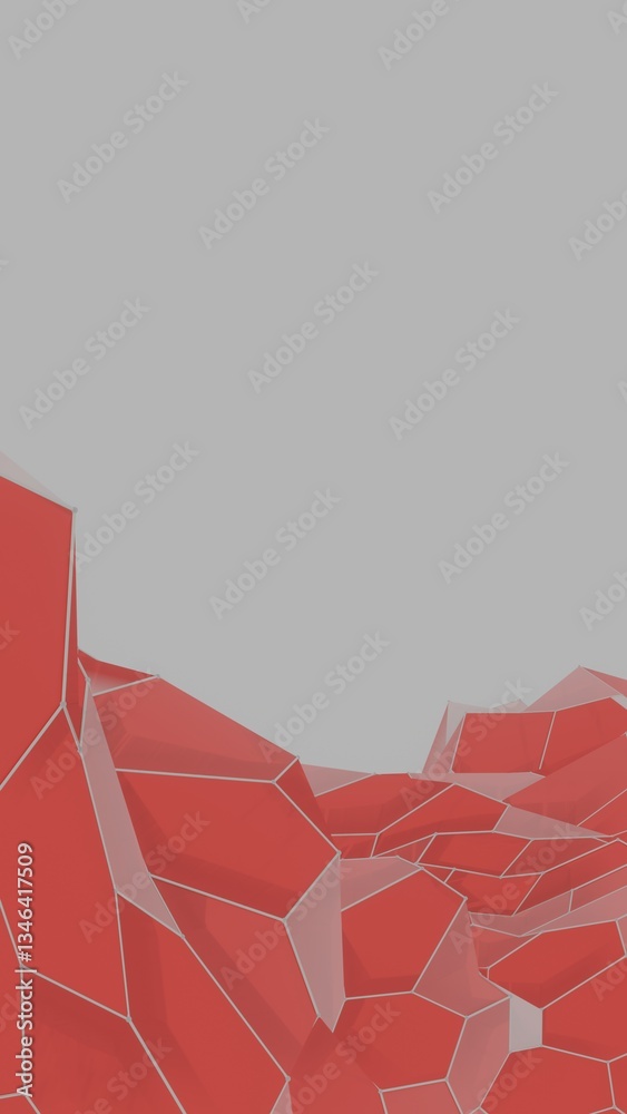 Poster Vivid red polygonal surfaces form a low-poly mountain-like landscape on a light background, creating a modern abstract design.......
