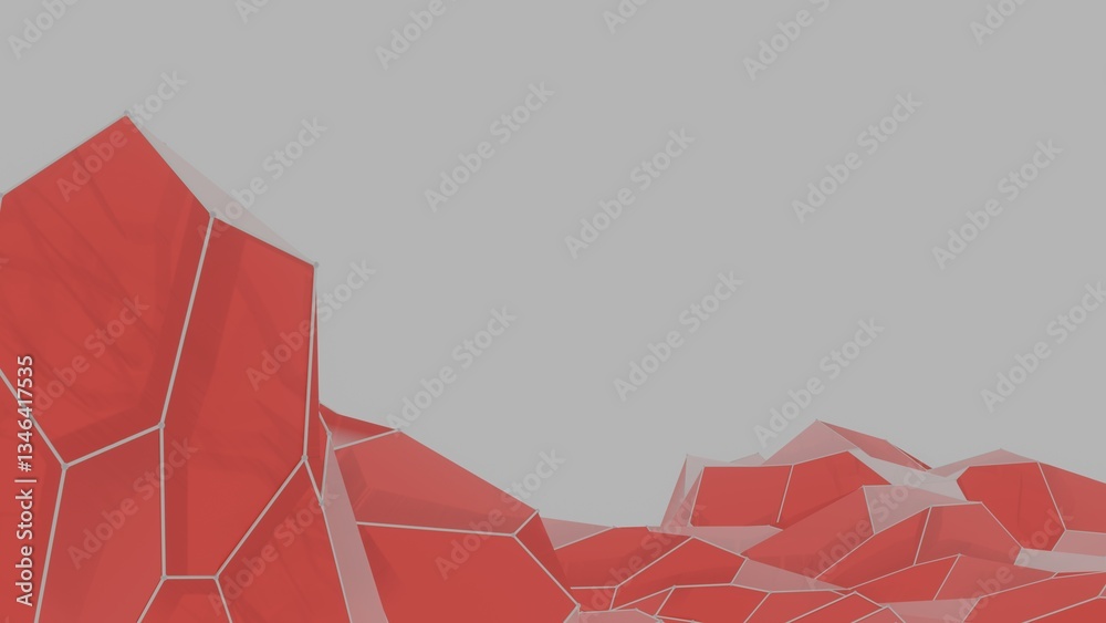 Aufkleber Vivid red polygonal surfaces form a low-poly mountain-like landscape on a light background, creating a modern abstract design.......