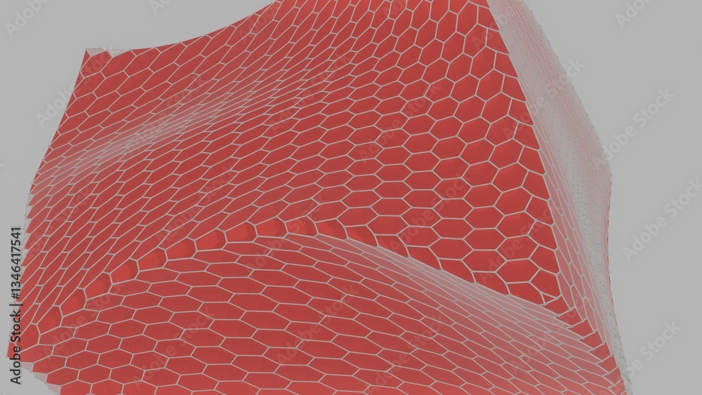 Poster vivid red polygonal surfaces form a low-poly mountain-like landscape on a light background, creating