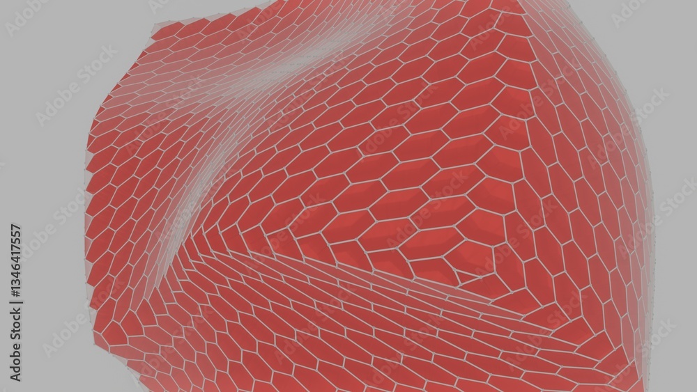 Poster Vivid red polygonal surfaces form a low-poly mountain-like landscape on a light background, creating a modern abstract design.......