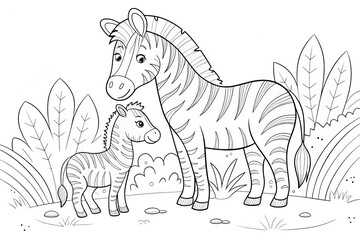 Fototapeta premium Safari animal theme, Two zebras, a parent and its offspring, in a simple nature setting. Outline for coloring