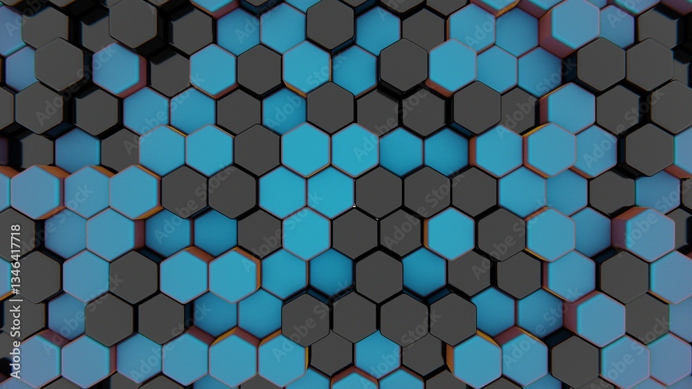 Poster Black and blue hexagonal 3D blocks arranged in a honeycomb pattern, forming a modern, minimal design with repetitive geometry and a futuristic mosaic aesthetic.......