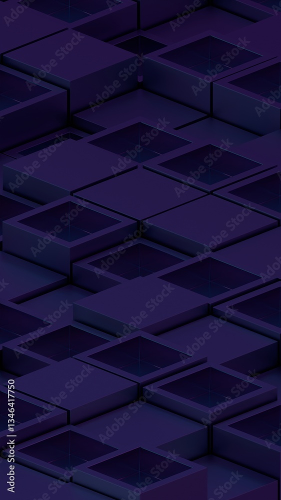 Poster Purple layered squares in a 3D arrangement forming a minimal geometric pattern with depth and modern style........