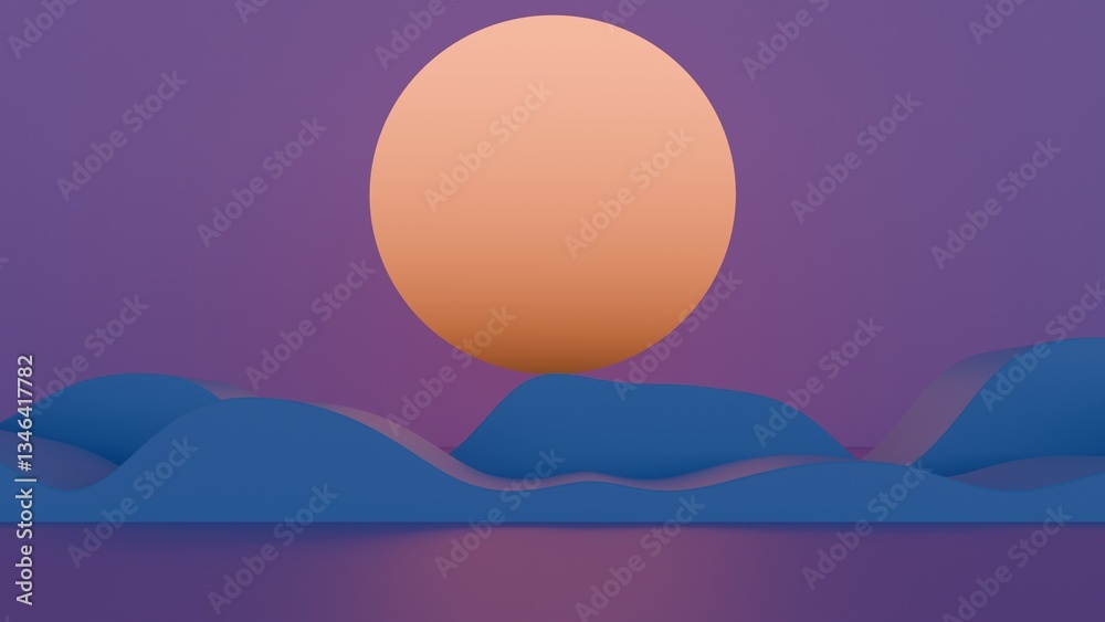 Poster minimal abstract scene with a large orange sun and rolling blue waves against a purple sky, creating