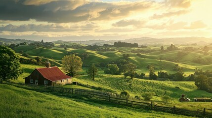 Obraz premium Serene Rural Landscape at Sunset with Rolling Green Hills and Cottage