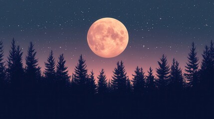 Naklejka premium Full Moon Rising Over Forest with Night Sky Landscape.