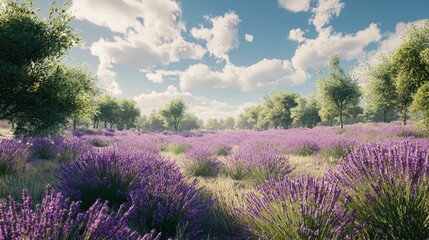Obraz premium Serene Lavender Field Under Blue Sky with Soft White Clouds