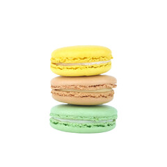 Stack of three colorful macaroons on white background